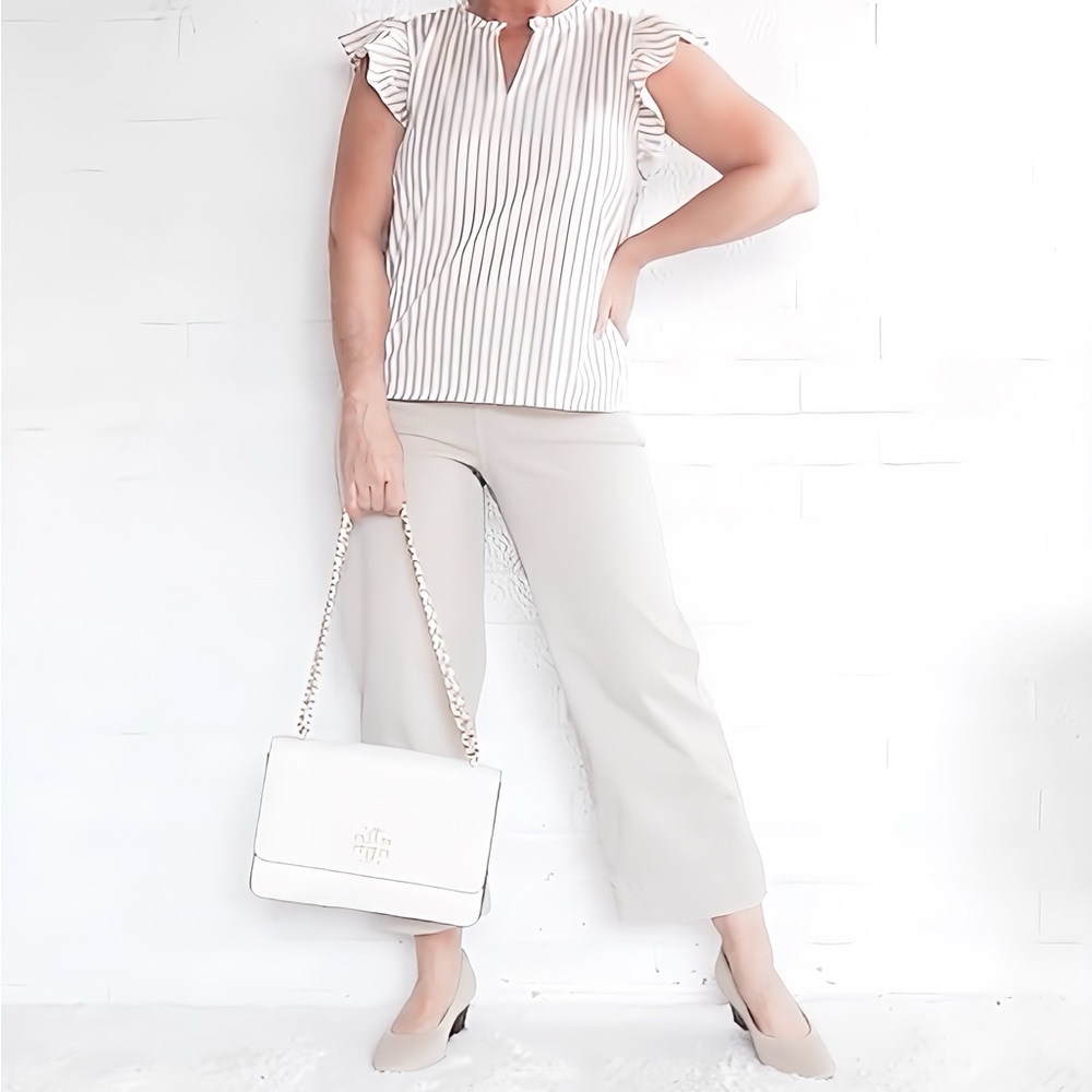 NWT Ann Taylor Petite Striped Ruffle Split Neck Top